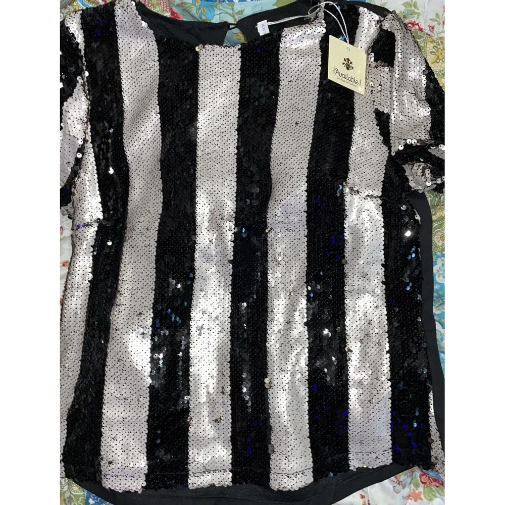 New-black white sequins beads evening formal cocktail blouse Top SM - Picture 6 of 7